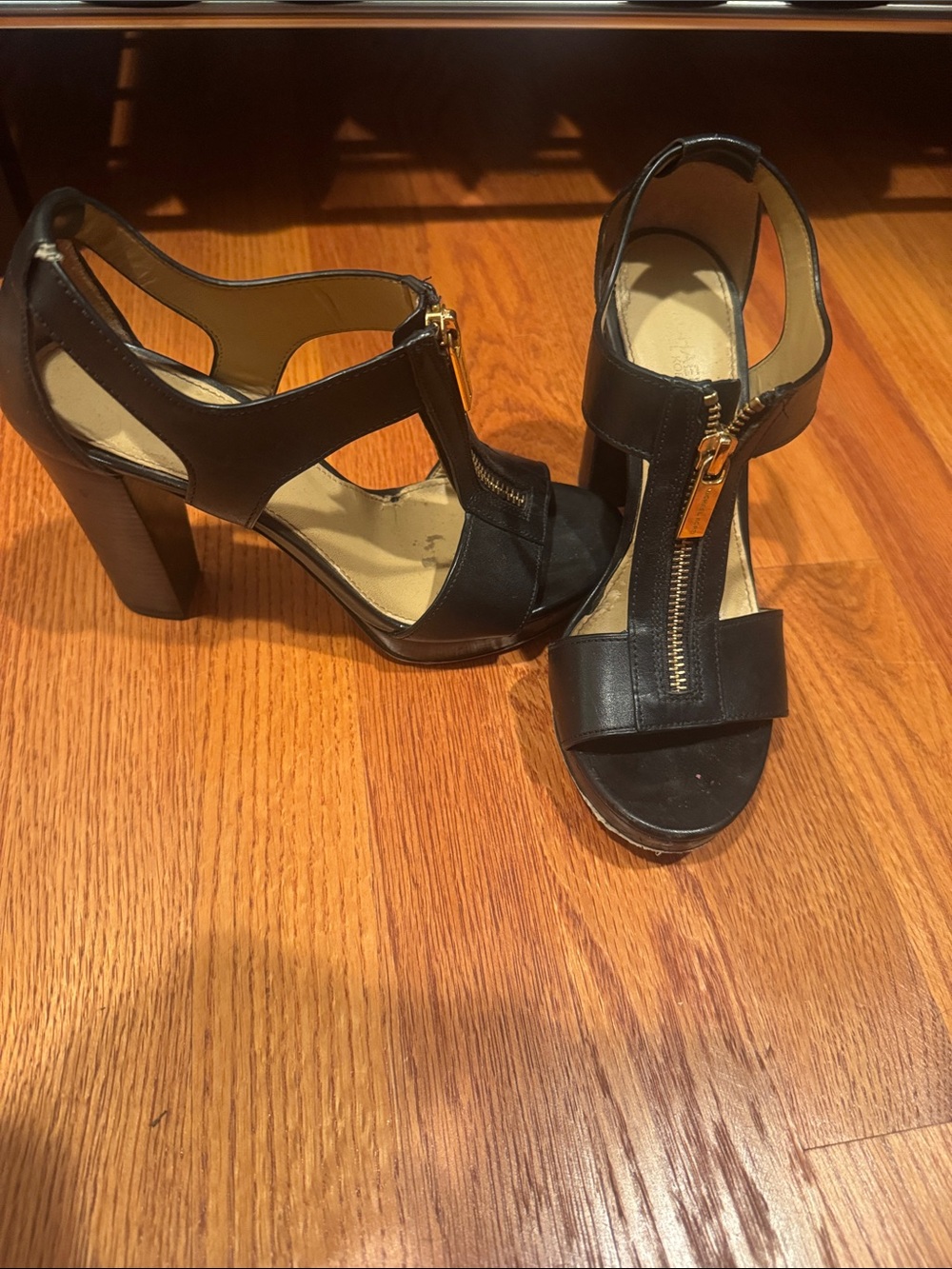 Michael Kors Black T-Strap Platform Heels with Gold Zipper